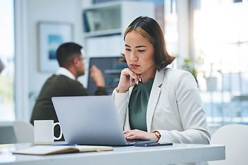 Image showing Business, thinking and woman with laptop, decision and connection with online reading, website info and data analysis. Professional, consultant or employee with pc, solution or planning with network