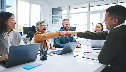 Image showing Creative people, handshake and meeting in hiring, partnership or deal agreement together at the office. Group of employees shaking hands in recruiting, company growth or startup at the workplace