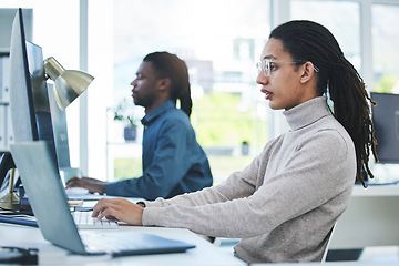 Image showing Business people, computer and typing in office for marketing research, multimedia planning or copywriting. Professional worker or editor typing on desktop for editing online and analysis in workspace