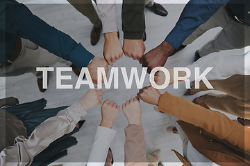 Image showing Business people, hands and fist in circle, teamwork or unity above in collaboration, trust or support together at office. Top view of group meeting in community, team building or banner at workplace