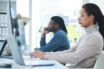 Image showing Computer, thinking and employees working in a company or startup agency typing online document or research on internet. Website, web and corporate people in an office doing online communication