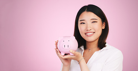 Image showing Piggy bank, savings and finance, woman in portrait and mockup space with money isolated on pink background. Budget, future and cash, investment and profit, container for coins and growth in studio