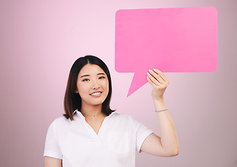 Image showing Woman, beauty and speech bubble for communication, skincare forum or cosmetics on pink background. Portrait of asian person with dermatology opinion, questions and chat or FAQ poster mockup in studio