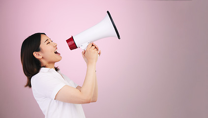 Image showing Megaphone announcement, scream or profile woman protest for democracy vote, justice or human rights rally. Speech, studio mockup space or loud speaker noise, communication or voice on pink background