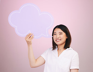 Image showing Happy asian woman, portrait and speech bubble on mockup space against a pink studio background. Female person smile with shape, icon or symbol in communication, quote or social media on mock up