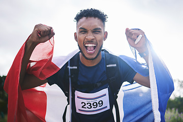 Image showing Runner man, celebration portrait and flag for France, pride and excited for fitness, goals and success in nature. Athlete guy, happy winner or champion with cloth, fabric or sign with fist at contest