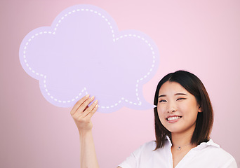 Image showing Woman, speech bubble and social media, portrait and voice with dialogue isolated on pink background. Smile, Asian and communication, chat and voice with feedback, FAQ and mockup space in a studio