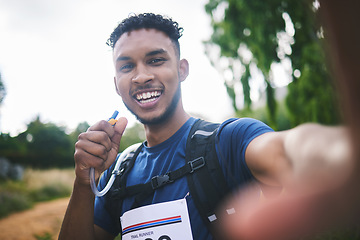 Image showing Runner man, athlete and outdoor in selfie, race or excited for triathlon, hiking or adventure in woods. Young African guy, happy and photography for memory, profile picture or post for social network