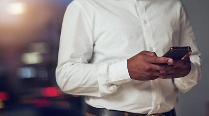 Image showing Hands, contact and phone for communication with a business person closeup for networking or browsing. Mobile, app and social media with an employee scrolling on a smartphone to search the internet