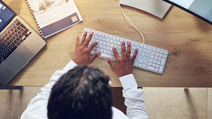 Image showing Business person, hands and computer for planning, copywriting and marketing research at office desk above. Worker, writer or editor typing on desktop keyboard for social media branding or information