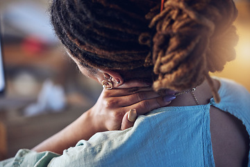 Image showing Neck problem, back and woman massage tension, bruise or inflammation from joint pain, muscle stress or tired. Closeup, copywriting fatigue and person with arthritis risk, fibromyalgia or spine injury