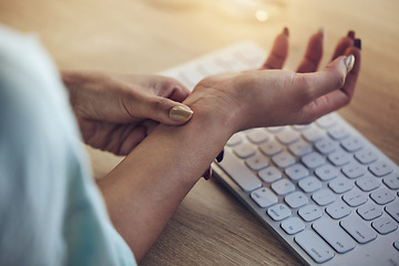 Image showing Wrist problem, computer keyboard or woman hands with carpal tunnel syndrome, osteoarthritis or joint pain. Closeup, copywriting typing fatigue and person with arthritis risk, fibromyalgia or injury