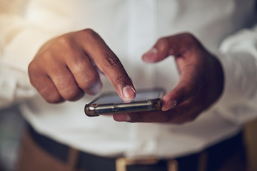 Image showing Hands, app and phone for communication with a business person closeup for networking or browsing. Mobile, contact and social media with an employee scrolling on a touchscreen to search the internet