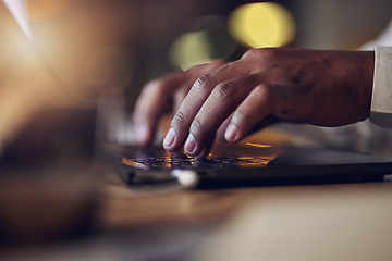 Image showing Laptop keyboard, hands and professional person typing journalist story, social media blog and report at night. Closeup, review and news reporter check online article, information or research feedback