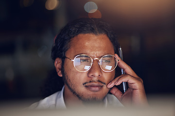 Image showing Business man, thinking and focus on computer for information technology, software development and solution. Professional worker reading with glasses for IT decision, programming or planning at night