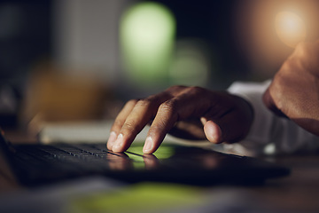 Image showing Laptop keyboard, hands and person typing web design, customer experience feedback and SEO research. Closeup, late night development and designer check wireframe, project or editing website layout