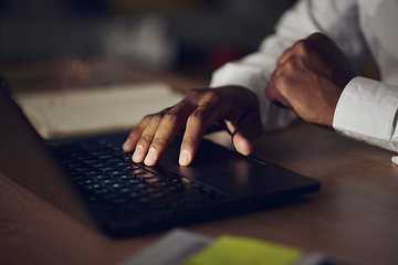 Image showing Laptop keyboard, hands and business person typing investment plan, exchange on stock market or reading sales numbers. Economy, cryptocurrency review and night trader working on NFT trading research