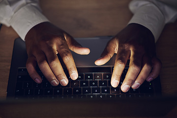 Image showing Laptop keyboard, hands and corporate person typing, planning and trading crypto, NFT or invest in stock exchange. Economy, closeup top view and night broker working on research, project or night plan