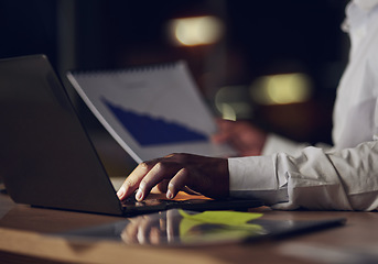 Image showing Business person, hands and documents, laptop or data analytics, marketing research and charts or graphs at night. Professional worker typing on computer and paperwork for increase, statistics and SEO