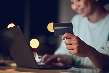 Image showing Business woman, credit card and laptop for online shopping, e commerce and financial loan or fintech at night. Professional person or worker typing on computer for banking, payment or subscription