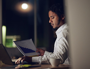 Image showing Business man, documents and laptop for data analytics, marketing research and charts, growth or graphs at night. Professional worker typing on computer and paperwork for increase, statistics and SEO