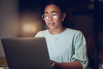 Image showing Laptop, typing and night woman reading public relations story, social media blog and customer experience report. Dark room, analysis and professional person check online article, project of feedback