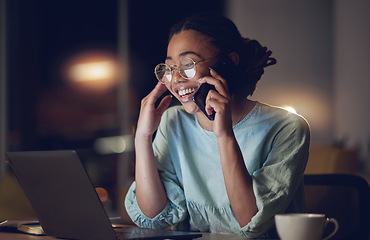 Image showing Phone call, office laptop and happy woman laughing at funny conversation, customer experience review and reading night report. Cellphone chat, dark room or computer person smile for online order joke