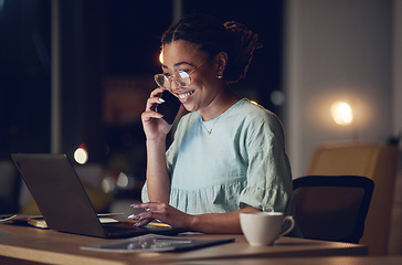 Image showing Night phone call, office laptop and happy woman speaking, communication and reading project development, KPI or report. Cellphone, ecommerce discussion and professional person smile for online order