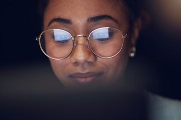 Image showing Laptop, student face and night woman reading, studying and learning online information, education or check college database. Analysis, research and closeup person education, working and typing essay