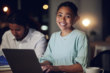 Image showing Night, portrait and happy woman in office with laptop, teamwork and typing email, report or review. Overtime, computer and business people in workplace with smile, online schedule planning and bokeh.