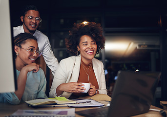 Image showing Night, smile and business people with a laptop, teamwork and cooperation with a project, planning or brainstorming. Staff, group or coworkers with a pc, evening or conversation with ideas or feedback