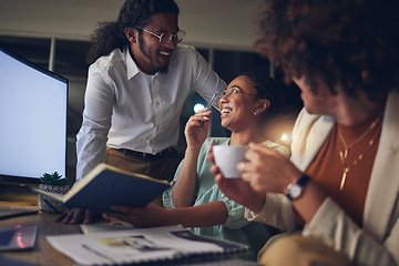 Image showing Coffee, office and business team at night in coworking company with work idea and relax. Happy group, tea and staff with drink and latte with creative work ideas and employee with strategy planning