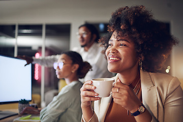 Image showing Coffee, office smile and business woman thinking in coworking company with work idea and relax. African female person and staff with drink and latte with creative work ideas and employee planning