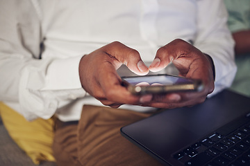 Image showing Laptop, online and hands of person with phone for social media, website and connection in office. Computer, networking and closeup of business man on smartphone for internet, research and email