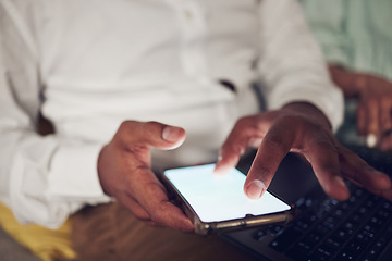 Image showing Phone screen, mockup and hands of business person reading online article, media news or texting business contact. Cellphone typing, advertising space or closeup professional user scroll on website UI