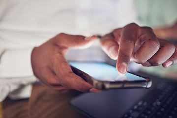 Image showing Online, screen and hands of person with phone for social media, browse website and text message. Professional, networking and closeup of business worker on smartphone for internet, research and email