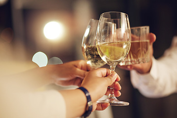 Image showing Celebration, people hands and toast alcohol drinks for achievement, congratulations party or luxury gala vent. Support, night friends and group cheers with champagne, sparkling wine or glass beverage