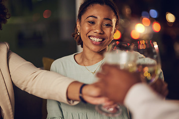 Image showing Dinner party, happy woman or friends toast alcohol for birthday support, congratulations or group celebrate at luxury gala. Night people cheers with champagne, wine or drink at fine dining restaurant