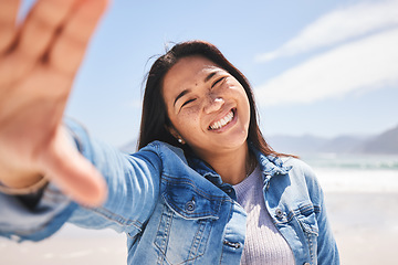 Image showing Happy, selfie and woman on beach for holiday, vacation or summer in Indonesia or profile picture for social media or memory. Portrait, smile and person at the ocean, sea or relax in nature for break