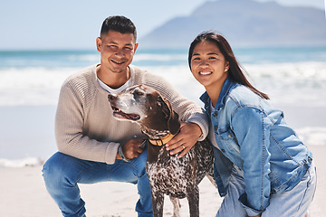 Image showing Beach, walking and portrait of couple with dog by ocean for freedom, adventure and bonding in summer. Happy pet, excited canine and man and woman by sea for exercise, wellness and health in nature