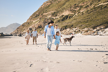 Image showing Family, walking and outdoor with a dog at the beach in summer for fun, freedom and vacation. People, child and a pet travel on sand at sea on holiday with health, love and happiness in nature