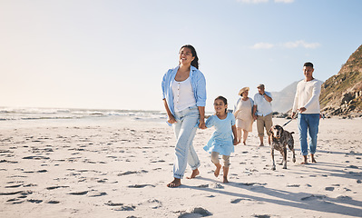 Image showing Family, beach and walking outdoor with a dog in summer for fun, freedom and vacation. People, child and a pet travel together on sand at sea on holiday with space, love and happiness in nature