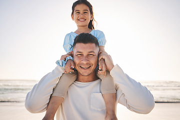 Image showing Portrait, carry and father with girl, beach and happiness with love, bonding and island getaway. Family, parent and female child with a smile, seaside holiday or journey with adventure, ocean or care