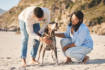 Image showing Beach, happy and couple with dog by ocean for freedom, adventure and bonding together in nature. Happy pet, domestic animal and man and woman play by sea for exercise, wellness and walking in nature