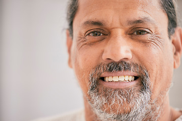 Image showing Happy, smile and portrait of a mature man with confidence and positive attitude by mockup space. Calm, headshot and closeup face of a male person from Mexico with pride by mockup for marketing.