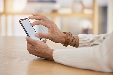 Image showing Hands, phone and social media with a person in their home dining room for communication as an app user. Mobile, contact and email with an adult in a house closeup for networking or browsing the web