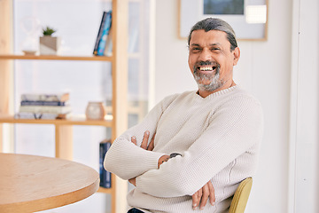 Image showing Happy, crossed arms and portrait of a man in the office with confidence and positive attitude. Smile, calm and professional mature male designer sitting on a lunch break in the modern workplace.