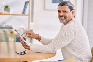 Image showing Smile, tablet and portrait of a man in the office browsing on social media, mobile app or internet. Happy, positive and professional mature male designer networking on digital technology in workplace