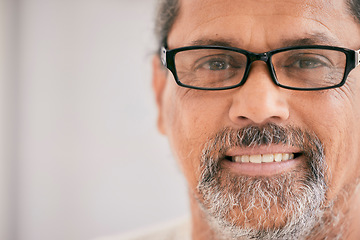 Image showing Portrait, smile and glasses for vision with a man on mockup space for an optometry appointment. Face, mockup and eyewear frame with a mature male customer at the optician for an eye test or exam