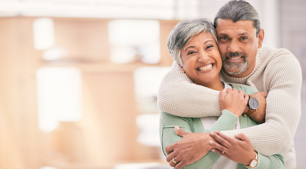 Image showing Portrait, hug and old couple with marriage, smile and happiness with bonding, romance and retirement. Home, mature man and senior woman embrace, apartment and mockup space with love, care and support